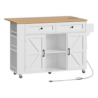 Rolling Kitchen Island Cart with Drop Leaf, Power Outlet, Drawers and Cabinets