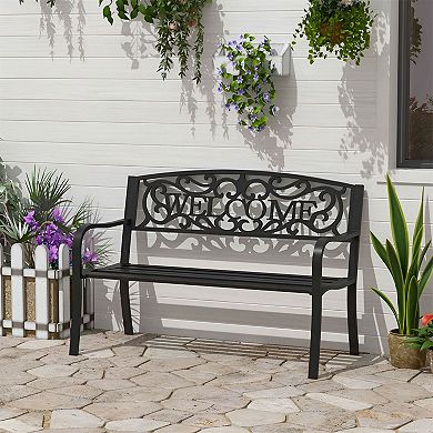 Outdoor Cast Iron Bench with Welcome Backrest Weatherproof and Easy to Clean