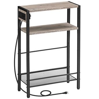 Compact Sofa Side Table with Power Socket, L-Shaped Shelf, and Storage Racks