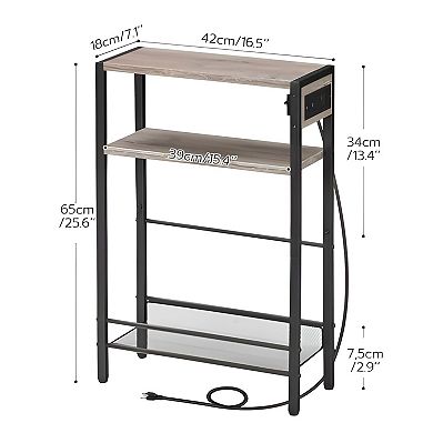 Compact Sofa Side Table with Power Socket, L-Shaped Shelf, and Storage Racks