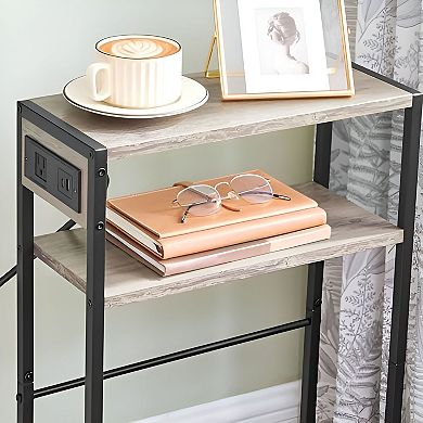 Compact Sofa Side Table with Power Socket, L-Shaped Shelf, and Storage Racks