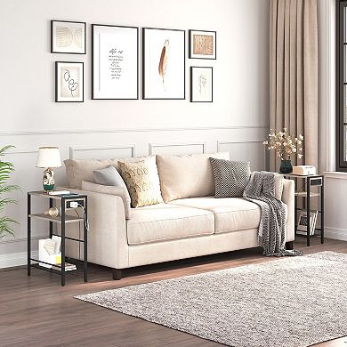 Compact Sofa Side Table with Power Socket, L-Shaped Shelf, and Storage Racks