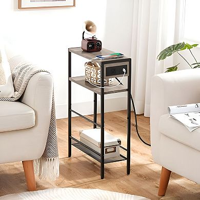 Compact Sofa Side Table with Power Socket, L-Shaped Shelf, and Storage Racks