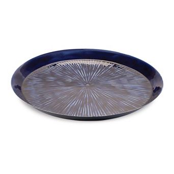 Distressed Round Metal Tray Glossy Glazed Starburst Design Decorative Tabletop Tray