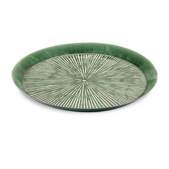 Distressed Round Metal Tray Glossy Glazed Starburst Design Decorative Tabletop Tray