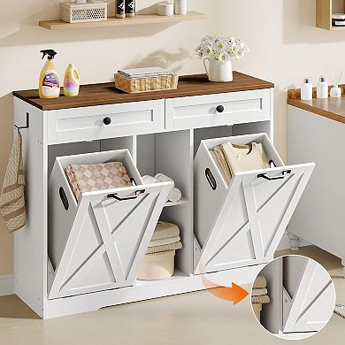 Laundry Hamper Cabinet with 2 Tilt Out Baskets, Drawers and Open Shelves, Bathroom Organizer