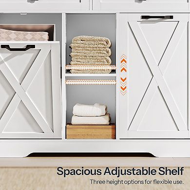 Laundry Hamper Cabinet with 2 Tilt Out Baskets, Drawers and Open Shelves, Bathroom Organizer