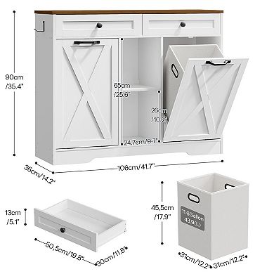 Laundry Hamper Cabinet with 2 Tilt Out Baskets, Drawers and Open Shelves, Bathroom Organizer