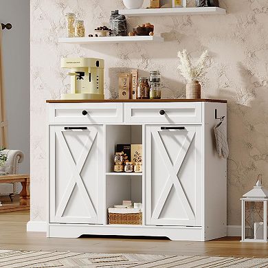 Laundry Hamper Cabinet with 2 Tilt Out Baskets, Drawers and Open Shelves, Bathroom Organizer