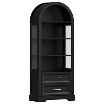 Compact Arched Bookcase with LED Lights, 4 Open Shelves, 2 Storage Drawers