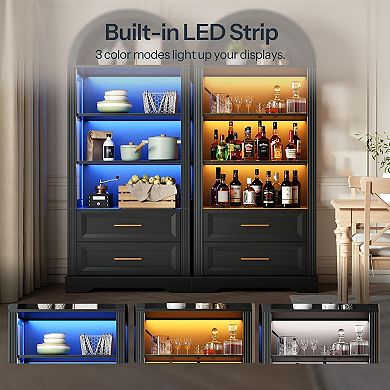 Compact Arched Bookcase with LED Lights, 4 Open Shelves, 2 Storage Drawers