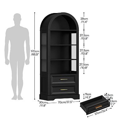 Compact Arched Bookcase with LED Lights, 4 Open Shelves, 2 Storage Drawers