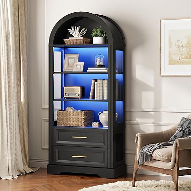 Compact Arched Bookcase with LED Lights, 4 Open Shelves, 2 Storage Drawers
