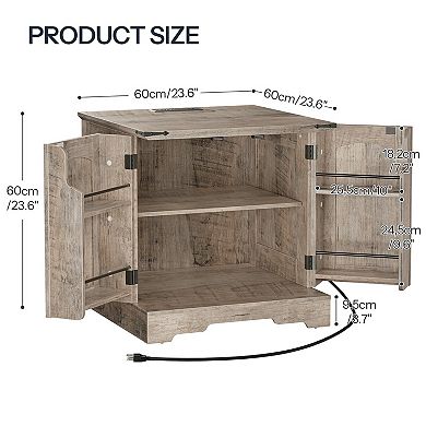 Compact Farmhouse Nightstand with Charging Station, Storage Cabinet, and Metal Hinges