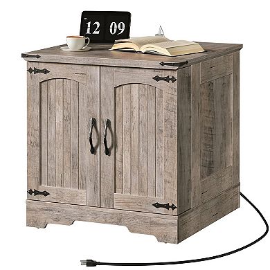 Compact Farmhouse Nightstand with Charging Station, Storage Cabinet, and Metal Hinges