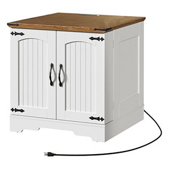 Compact Farmhouse Nightstand with Charging Station, Storage Cabinet, and Metal Hinges