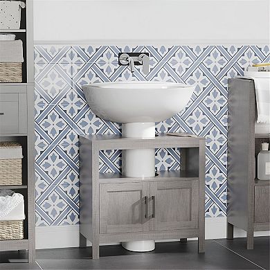 Bathroom Under Sink Cabinet with U-Shaped Cutout and Open Shelf Storage