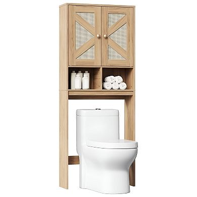 Over-Toilet Bathroom Cabinet with Adjustable Shelves and Rattan-Style Finish