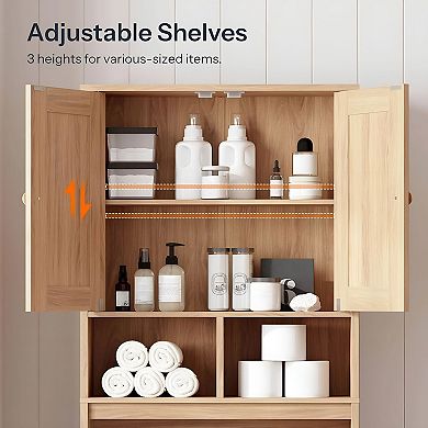 Over-Toilet Bathroom Cabinet with Adjustable Shelves and Rattan-Style Finish