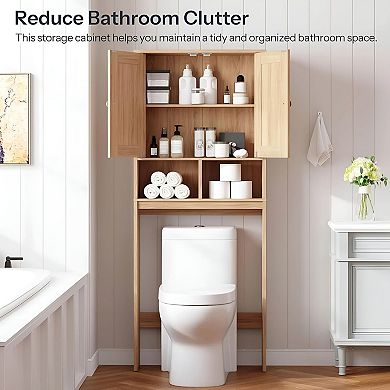 Over-Toilet Bathroom Cabinet with Adjustable Shelves and Rattan-Style Finish