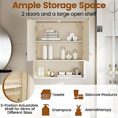Over Toilet Bathroom Cabinet Wall Mounted with Doors Open Shelf Adjustable Shelf