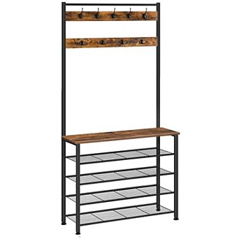 Entryway Hall Tree with Multiple Hooks and Mesh Shelves for Shoes and Coats