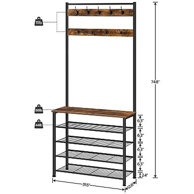 Entryway Hall Tree with Multiple Hooks and Mesh Shelves for Shoes and Coats