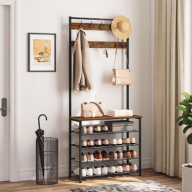 Entryway Hall Tree with Multiple Hooks and Mesh Shelves for Shoes and Coats
