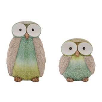Set of 2 Terra Cotta Owl Figurines with Ombre Finish for Shelf or Mantel Décor