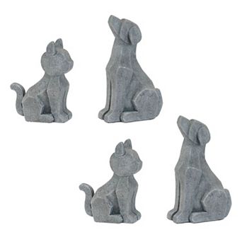 Set of 4 Sitting Cat and Dog Figurines Resin Distressed Tabletop Shelf Mantel Decor