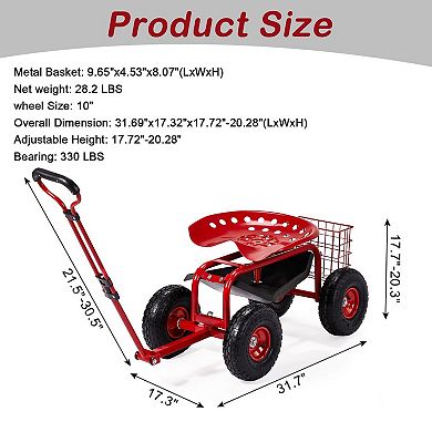 Garden Work Scooter Adjustable Seat, Inflatable Tires, Ample Tool Storage