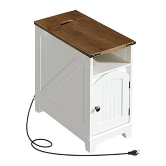 Small Space Side Table with Flip-Top Charging Compartment, Storage Cabinet