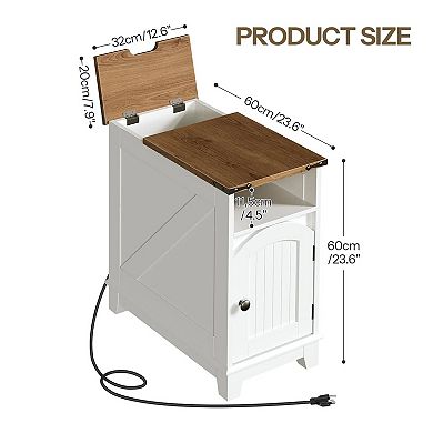 Small Space Side Table with Flip-Top Charging Compartment, Storage Cabinet