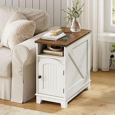 Small Space Side Table with Flip-Top Charging Compartment, Storage Cabinet