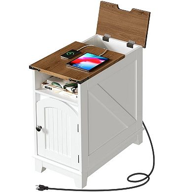 Small Space Side Table with Flip-Top Charging Compartment, Storage Cabinet