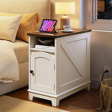 Small Space Side Table with Flip-Top Charging Compartment, Storage Cabinet