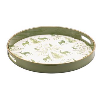 Round Deer and Pine Tree Serving Tray for Holiday Table Decor Snack and Drink Serving