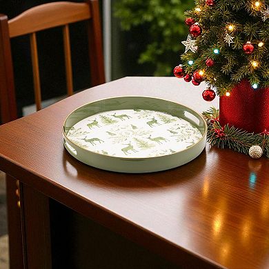 Round Deer and Pine Tree Serving Tray for Holiday Table Decor Snack and Drink Serving