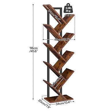 Nine-Tier Tree Bookshelf with Metal Frame for Books, Décor, and Office Storage