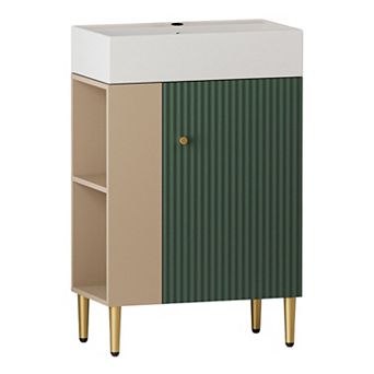 Bathroom Vanity with Ceramic Sink, Small Space Cabinet with Open Shelf