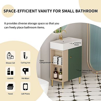 Bathroom Vanity with Ceramic Sink, Small Space Cabinet with Open Shelf