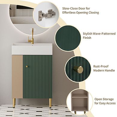 Bathroom Vanity with Ceramic Sink, Small Space Cabinet with Open Shelf
