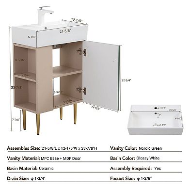 Bathroom Vanity with Ceramic Sink, Small Space Cabinet with Open Shelf