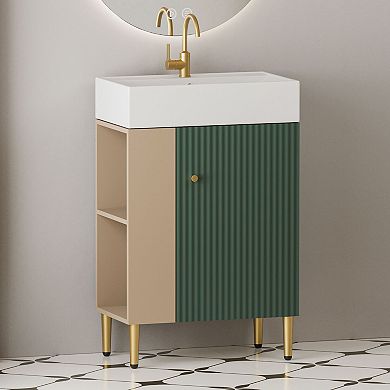 Bathroom Vanity with Ceramic Sink, Small Space Cabinet with Open Shelf