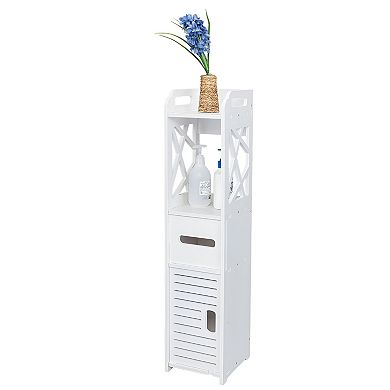 Space Saving Bathroom Storage Rack, Slim Cabinet with Shelves and Hidden Drawer