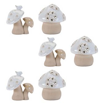 Set of 6 Mushroom and Bird Tabletop Decor Accents with Etched Floral Details for Mantel, Console