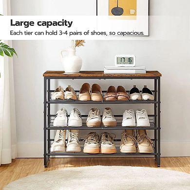 Entryway Shoe Rack 4 Tier, Adjustable Shoe Storage Shelf with Top Surface, Metal and Wood