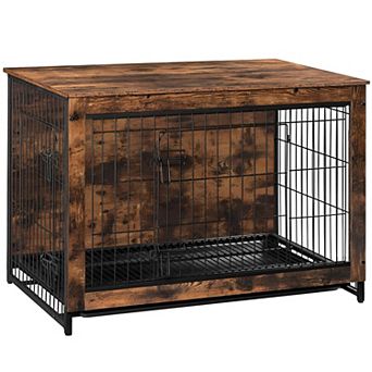 Modern Rustic Dog Crate with Dual Openings and Pull-Out Tray for Easy Cleaning