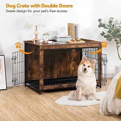 Modern Rustic Dog Crate with Dual Openings and Pull-Out Tray for Easy Cleaning