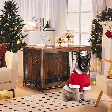 Modern Rustic Dog Crate with Dual Openings and Pull-Out Tray for Easy Cleaning